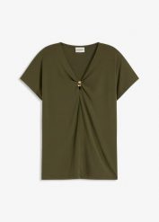 T-shirt z ozdobnym kółeczkiem. Zielone t-shirty damskie bonprix, bez wzorów, eleganckie, bez kołnierzyka, bez ramiączek. Za 37.99 zł.