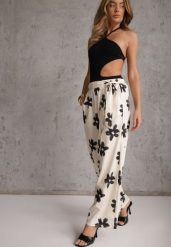 Czarno-Kremowe Szerokie Spodnie High Waist z Kwiatowym Printem i Wiązanym Paskiem Oramare. Czarne spodnie materiałowe damskie Renee, bez wzorów, z jeansu, boho, z podwyższonym stanem, krótkie. Za 59.99 zł.