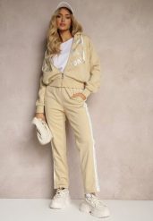 Beżowy Komplet Dresowy Spodnie Ozdobione Napisami Bluza na Suwak z Kapturem Semiraella. Brązowe bluzy damskie Renee, l, bez wzorów, z dresówki, rockowe, bez ramiączek, z kapturem. Za 129.99 zł.