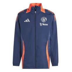 Kurtka dresowa zewnętrzna Manchester United 2024/25. Niebieskie kurtki męskie Adidas, bez wzorów, z dresówki, sportowe, bez kaptura. W wyprzedaży za 321.00 zł.