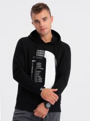 Bluza męska HOODIE z nadrukiem - czarna V3. Czarne bluzy męskie Ombre Clothing, m, bez wzorów, z bawełny. W wyprzedaży za 49.99 zł.