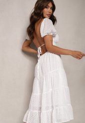 Biała Sukienka z Odkrytymi Plecami Nephia. Białe sukienki damskie Renee, na lato, l, z aplikacjami, z tkaniny, bez kołnierzyka, bez ramiączek, midi. Za 139.99 zł.