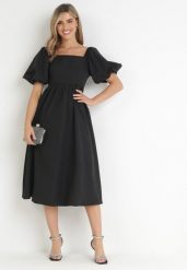 Czarna Rozkloszowana Sukienka Midi z Bufiastymi Rękawami i Kwadratowym Dekoltem Ceania. Czarne sukienki damskie Born2be, na spotkanie biznesowe, na wiosnę, l, bez wzorów, eleganckie, bez kołnierzyka, bez ramiączek, midi, rozkloszowane. Za 129.99 zł.