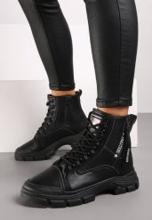 Czarne Traperki Botki na Grubej Podeszwie z Ozdobnym Suwakiem Floraline. Czarne trapery damskie Born2be, z futra, bez zapięcia. Za 99.99 zł.