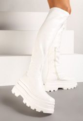 Białe Caualowe Kozaki w Stylu Muszkieterek na Platformie Leniefra. Białe kozaki damskie Renee, bez wzorów, z jeansu, bez obcasa, na obcasie, bez zapięcia. Za 159.99 zł.