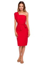 Dopasowana Sukienka na Jedno Ramię - Czerwona. Czerwone sukienki damskie Cud Moda, l, bez wzorów, z elastanu, bez kołnierzyka, bez ramiączek, dopasowane. Za 239.90 zł.
