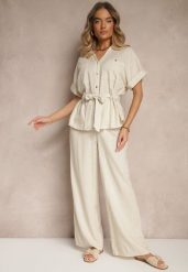 Beżowy Komplet z Bawełną Spodnie i Koszula z Paskiem Rinaretea. Brązowe koszule damskie Renee, l, bez wzorów, z bawełny, eleganckie, bez kołnierzyka, bez ramiączek. Za 129.99 zł.