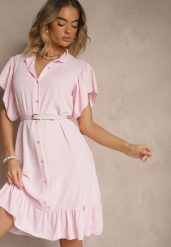 Różowa Koszulowa Sukienka Ozdobiona Falbankami i Guzikami Tenelora. Czerwone sukienki damskie Renee, na co dzień, bez wzorów, eleganckie, bez kołnierzyka, bez ramiączek, midi, koszulowe. Za 54.99 zł.