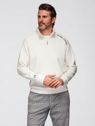 Męska bluza z rozpinaną wysoką stójką i kontrastowym nadrukiem ecru V2 OM-SSZP-0211 M. Bluzy męskie Ombre, m, bez wzorów, bez ramiączek, bez kaptura. Za 287.44 zł.