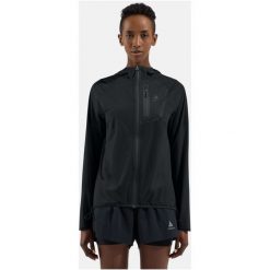 Kurtka damska ODLO Jacket ZEROWEIGHT DUAL DRY PK WATERPROOF. Czarne kurtki sportowe damskie ODLO, l, bez wzorów, z materiału, bez ramiączek, bez kaptura, do biegania. Za 1,299.99 zł.