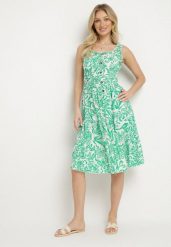 Zielona Bawełniana Sukienka Rozkloszowana Ozdobiona Guzikami Lisavena. Zielone sukienki damskie Born2be, na co dzień, l, bez wzorów, z bawełny, eleganckie, bez kołnierzyka, bez ramiączek, midi, rozkloszowane. Za 39.99 zł.