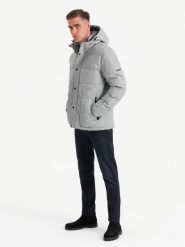 Męska casualowa kurtka puffer z wełną – jasnoszary melanż V3 OM-JAHP-0203 - XXL. Szare kurtki męskie Ombre Clothing, l, z aplikacjami, z materiału. Za 371.99 zł.