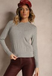 Szary Casualowy Sweter z Wiskozą z Ozdobnymi Detalami z Cyrkonii Edaloriae. Szare swetry nierozpinane damskie Renee, m, bez wzorów, z wiskozy, casualowe, bez kołnierzyka, bez ramiączek. Za 99.99 zł.
