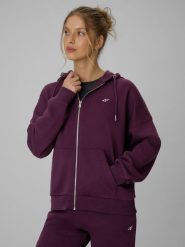 4F Bluza dresowa loose z kapturem damska - fioletowa L. Fioletowe bluzy damskie 4F, l, bez wzorów, z dresówki, bez ramiączek, z kapturem. Za 159.99 zł.