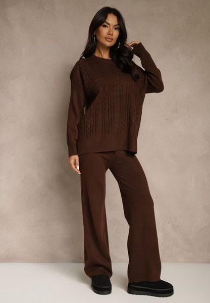Brązowy Dzianinowy Komplet z Wełną w Warkoczowy Splot Spodnie i Sweter Reinette. Brązowe swetry nierozpinane damskie Renee, bez wzorów, z bawełny, bez kołnierzyka, bez ramiączek. Za 129.99 zł.
