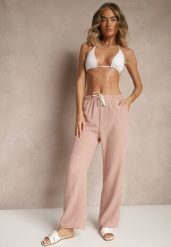 Różowe Spodnie High Waist z Szeroką Nogawką i Gumką w Pasie Mirarena. Czerwone spodnie materiałowe damskie Renee, bez wzorów, z jeansu, biznesowe, z podwyższonym stanem. Za 39.99 zł.