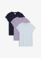 T-shirt (3 szt.). Fioletowe t-shirty damskie bonprix, bez wzorów, bez kołnierzyka, bez ramiączek. Za 97.99 zł.