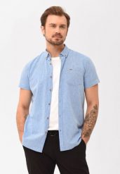 Koszula z lnem, Regular Fit, C-LIN. Niebieskie koszule męskie Volcano, m, bez wzorów, z bawełny, bez kołnierzyka, bez ramiączek. Za 139.99 zł.