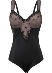 "Body ""minimizer"" na fiszbinach, z poliestru z recyklingu". Czarne body bonprix, bez wzorów, z koronki. Za 109.99 zł.