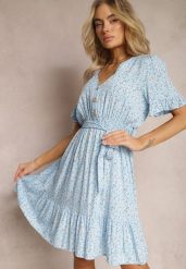 Niebieska Rozkloszowana Sukienka Wiskozowa Mini w Kwiatowy Print z Falbanką Taelle. Niebieskie sukienki damskie Renee, m, bez wzorów, z wiskozy, bez kołnierzyka, bez ramiączek, mini, rozkloszowane. Za 69.99 zł.