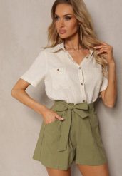 Zielone Casualowe Szorty w Stylu Bermudów z Bawełny z Materiałowym Paskiem i Wszytą z Tyłu Gumką Lovanara. Zielone szorty damskie Renee, bez wzorów, z bawełny, eleganckie. Za 59.99 zł.
