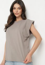Brązowy Bawełniany Top z Falbanką przy Ramionach Galantia. Brązowe topy damskie Born2be, s, bez wzorów, z bawełny, eleganckie, bez kołnierzyka, bez ramiączek. Za 59.99 zł.