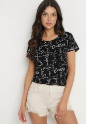 Czarny T-shirt z Bawełny Zdobiony Nadrukiem z Napisami Mirindela. Czarne t-shirty damskie Born2be, l, z aplikacjami, z bawełny, eleganckie, bez kołnierzyka, bez ramiączek. Za 29.99 zł.