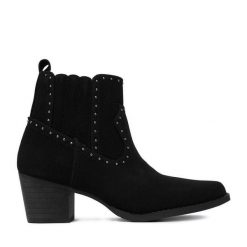 Kowbojki DeeZee. Czarne botki damskie DeeZee, bez wzorów, bez obcasa, na słupku, bez zapięcia. Za 179.99 zł.