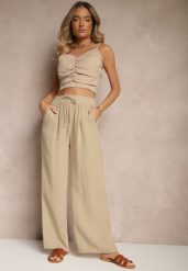 Beżowe Szerokie Spodnie Palazzo High Waist z Ozdobnym Wiązaniem Arandiel. Brązowe spodnie materiałowe damskie Renee, bez wzorów, z jeansu, street, z podwyższonym stanem. Za 49.99 zł.