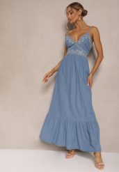 Niebieska Sukienka z Bawełny Stylizowana na Jeans z Ozdobnymi Haftami Rozkloszowana Morlio. Niebieskie sukienki damskie Renee, na co dzień, na lato, l, bez wzorów, z bawełny, eleganckie, bez kołnierzyka, bez ramiączek, maxi, rozkloszowane. Za 139.99 zł.