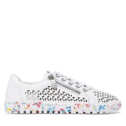 Półbuty Rieker. Białe półbuty damskie Rieker, bez wzorów, bez obcasa, na płaskiej podeszwie, bez zapięcia. Za 239.99 zł.