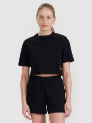 4F T-shirt crop top z waflowej dzianiny damski - czarny XS. Czarne t-shirty damskie 4F, xs, bez wzorów, z bawełny, sportowe, bez kołnierzyka, bez ramiączek. W wyprzedaży za 49.99 zł.