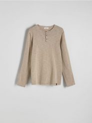 Sweter z bawełny - beżowy. Brązowe swetry męskie Reserved, l, bez wzorów, z bawełny, bez kołnierzyka, bez ramiączek. W wyprzedaży za 49.99 zł.