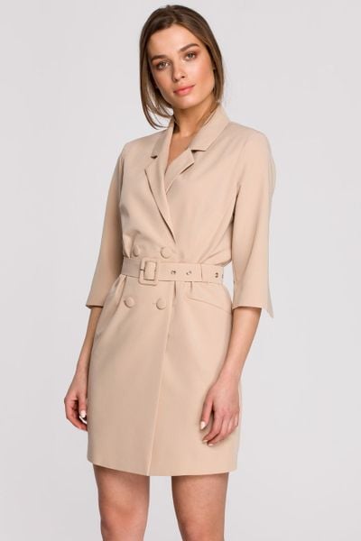 Elegancka sukienka marynarkowa z paskiem beżowa. Brązowe sukienki damskie Stylove, do pracy, l, bez wzorów, z poliesteru, biznesowe, bez kołnierzyka, bez ramiączek, proste. Za 349.00 zł.