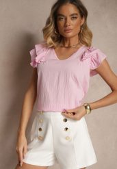 Jasnoróżowa Bluzka z Wiskozą i Falbankami Divama. Czerwone bluzki damskie Renee, bez wzorów, z wiskozy, eleganckie, bez kołnierzyka, bez ramiączek. Za 44.99 zł.