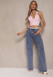 Niebieskie Jeansy High Waist z Szeroką Nogawką w Romby Carinell. Niebieskie jeansy damskie Renee, bez wzorów, z jeansu, casualowe, z podwyższonym stanem. Za 119.99 zł.