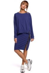 Asymetryczna Bluza z Lampasami - Indygo. Czarne bluzy damskie MOE, l, bez wzorów, z bawełny, bez ramiączek, bez kaptura. Za 229.90 zł.