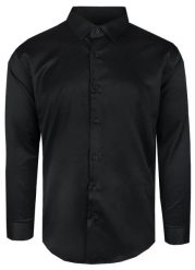 Elegancka Męska Taliowana Koszula - Rigon - Czarna (Slim Fit). Czarne koszule męskie Rigon, m, bez wzorów, z bawełny, biznesowe, bez kołnierzyka, bez ramiączek. Za 115.00 zł.