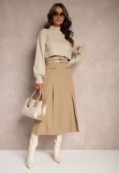 Beżowa Rozkloszowana Spódnica z Gumką w Pasie Wykończona Ozdobnymi Paskami Evirenie. Brązowe spódnice damskie Renee, na co dzień, l, bez wzorów, eleganckie, midi, dopasowane. Za 139.99 zł.