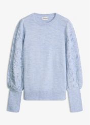Sweter w ażurowy wzór. Niebieskie swetry nierozpinane damskie bonprix, w ażurowe wzory, bez kołnierzyka, bez ramiączek. Za 117.99 zł.