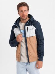 Lekka kolorowa męska kurtka sportowa z polarem – brązowo-granatowa V1 OM-JANP-0194 - XXL. Białe kurtki sportowe męskie Ombre Clothing, l, bez wzorów, z materiału, bez kaptura. W wyprzedaży za 199.99 zł.