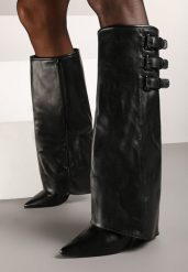 Czarne Kozaki na Obcasie Ozdobione Wywiniętą Cholewką z Paskami i Klamrami Liennia. Czarne kozaki damskie Born2be, bez wzorów, bez obcasa, na obcasie, bez zapięcia. Za 169.99 zł.