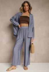 Niebieski Komplet Oversize z Koszulą i Spodniami Ulonelia. Niebieskie koszule damskie Renee, l, bez wzorów, eleganckie, bez kołnierzyka, bez ramiączek. Za 89.99 zł.