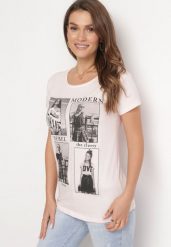 Jasnoróżowy Bawełniany T-shirt z Nadrukiem i Brokatem Kruita. Czerwone t-shirty damskie Born2be, l, bez wzorów, z bawełny, bez kołnierzyka, bez ramiączek. Za 49.99 zł.