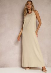 Beżowa Sukienka Trapezowa z Kieszeniami i Wiązaniem na Szyi Nestaulia. Brązowe sukienki damskie Renee, na co dzień, l, bez wzorów, z jeansu, eleganckie, bez kołnierzyka, bez ramiączek, maxi, kopertowe. Za 99.99 zł.