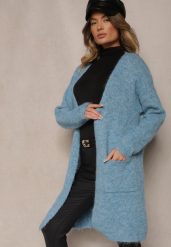 Niebieski Kardigan Niezapinany z Wełną i Kieszeniami Miathinae. Niebieskie kardigany damskie Renee, bez wzorów, z jeansu, eleganckie, bez kołnierzyka. Za 159.99 zł.