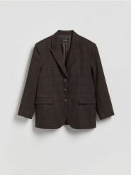 Jednorzędowa marynarka w kratę - ciemnobrązowy. Brązowe marynarki i żakiety damskie Reserved, bez wzorów, z tkaniny, bez kołnierzyka, bez ramiączek. Za 259.99 zł.