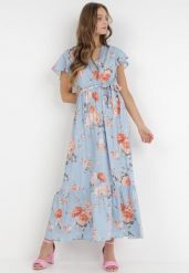 Jasnoniebieska Kopertowa Sukienka w Kwiatowy Wzór z Paskiem i Falbanką Thellippe. Niebieskie sukienki damskie Born2be, na imprezę, na lato, l, bez wzorów, eleganckie, bez kołnierzyka, bez ramiączek, maxi, kopertowe. Za 69.99 zł.