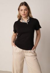 Czarny Bawełniany T-shirt z Satynową Apaszką Cloud. Czarne t-shirty damskie Born2be, l, bez wzorów, z bawełny, biznesowe, bez kołnierzyka, bez ramiączek. Za 59.99 zł.