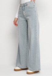 Jasnoniebieskie Jeansy o Szerokim Kroju z Wysokim Stanem Sesadela. Niebieskie jeansy damskie Born2be, bez wzorów, z jeansu, eleganckie, z podwyższonym stanem. Za 109.99 zł.